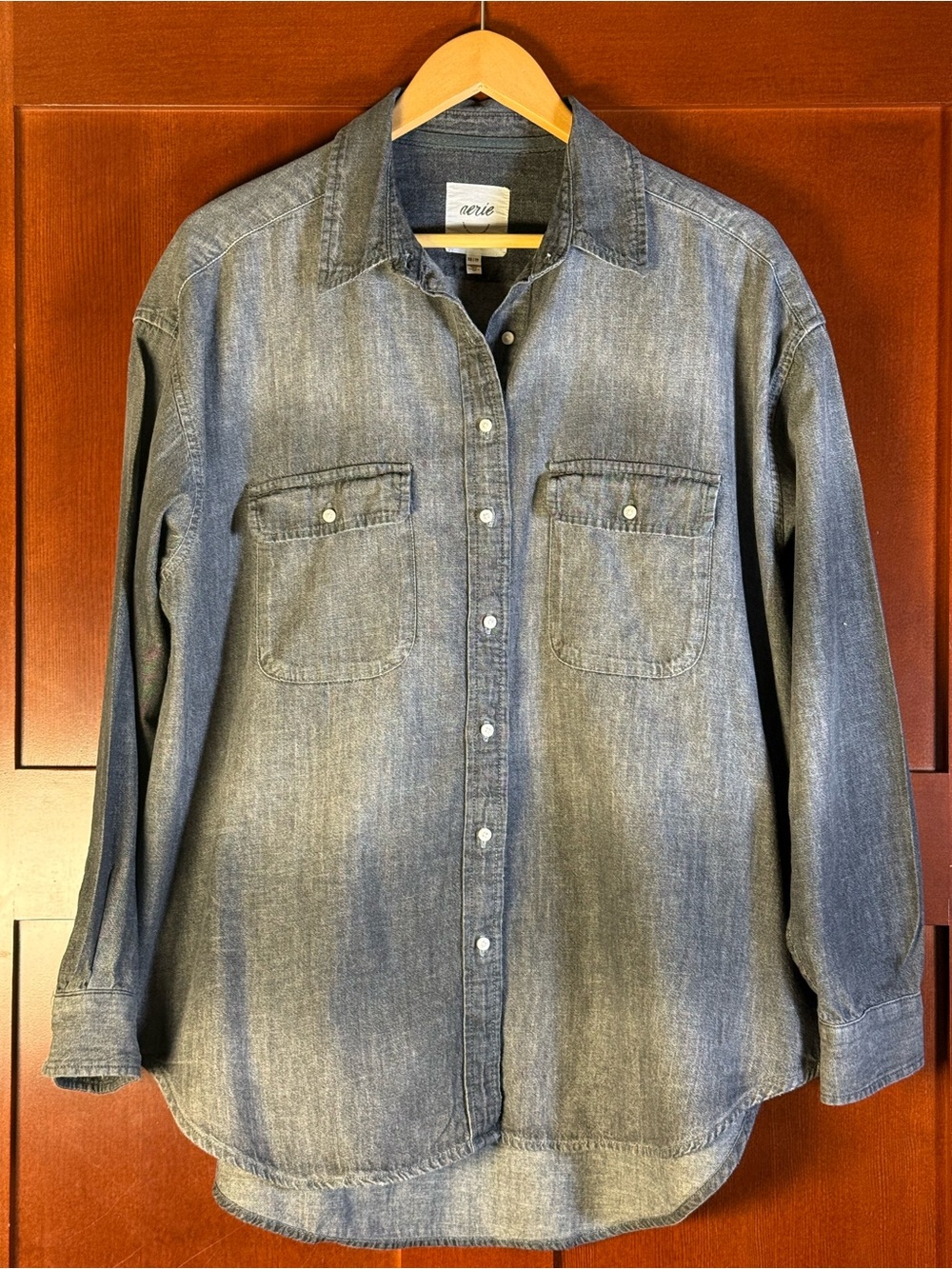 Aerie Oversized Gray Chambray Button Down Shirt XS Relaxed Boyfriend Fit